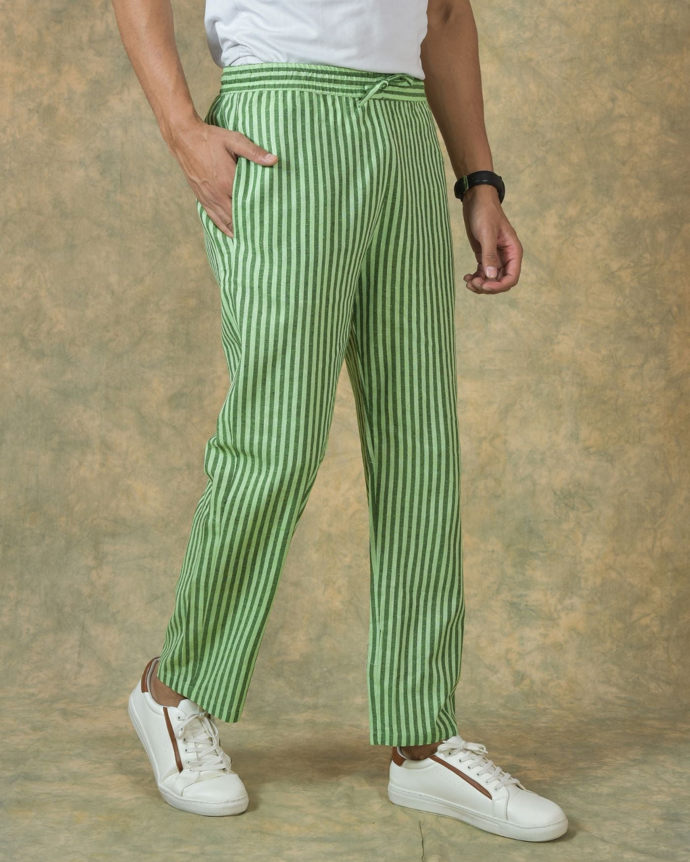 Olive Green Green Stripe Cotton Handloom Men Pant