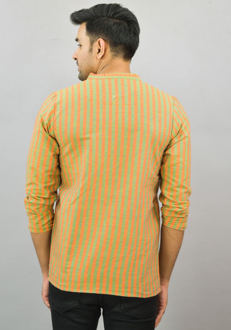 OLIVE GREEN ORANGE STRIPE COTTON HANDLOOM CORD SET-25695