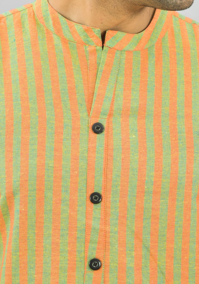 OLIVE GREEN ORANGE STRIPE COTTON HANDLOOM CORD SET-25695