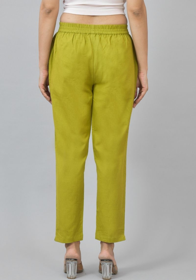 Olive Green Solid Cotton Flax Trouser Pants