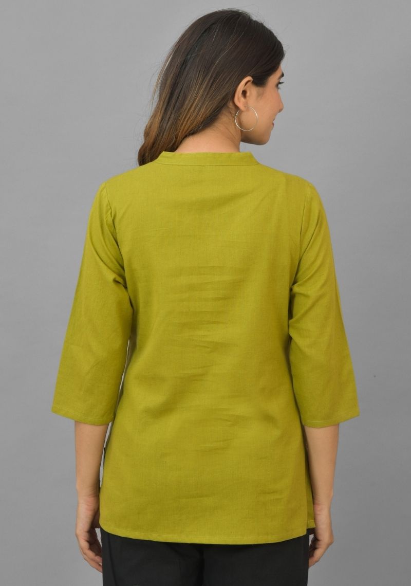 Olive Green Solid Cotton Flax Women Top-10391