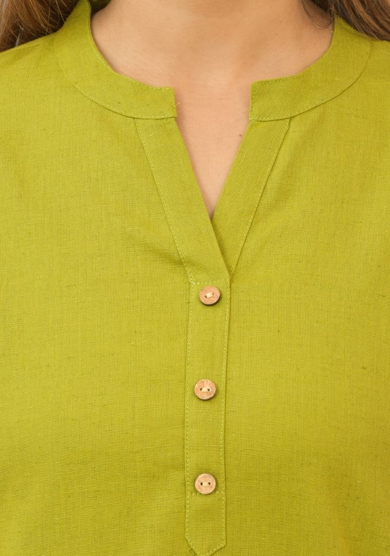 Olive Green Solid Cotton Flax Women Top-10391