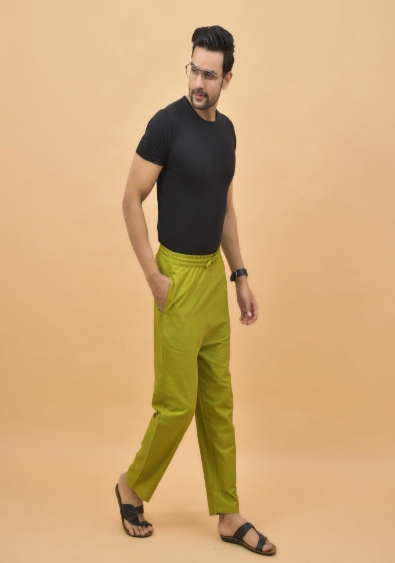 Olive Green Solid Cotton Handloom Men Pant