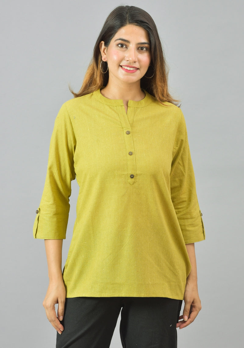 Olive Green Solid Cotton Women Top-10371