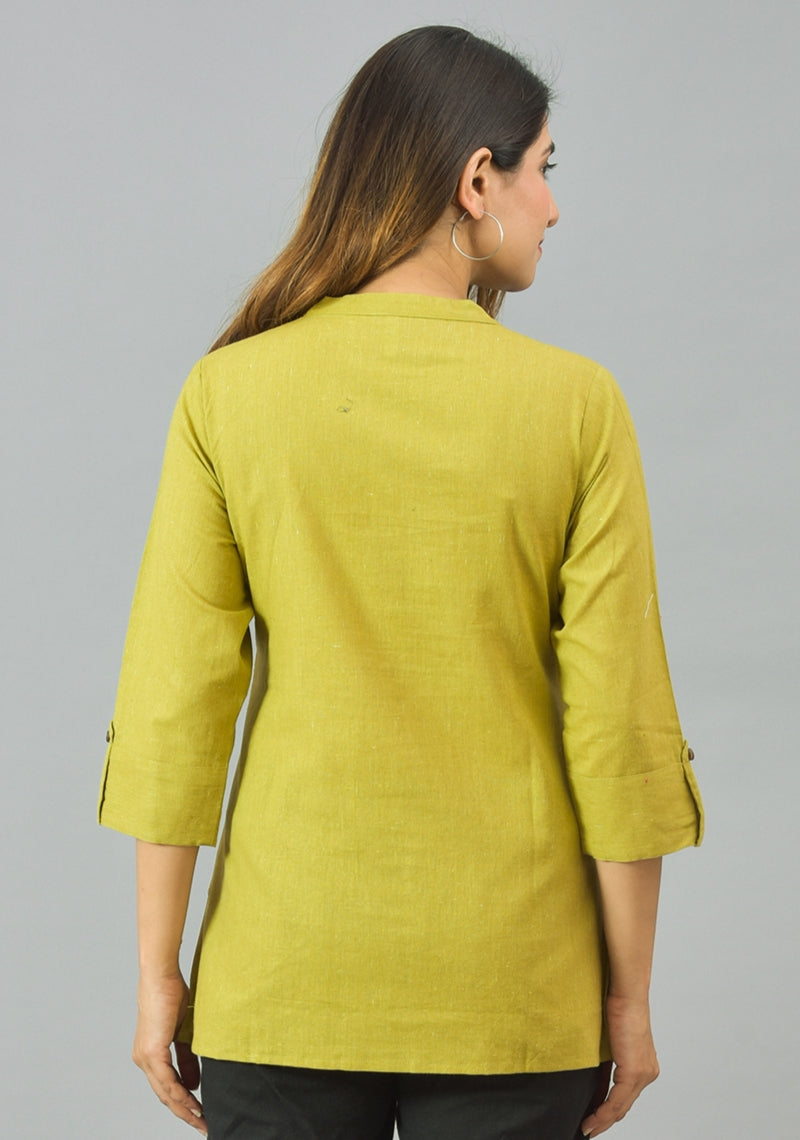 Olive Green Solid Cotton Women Top-10371