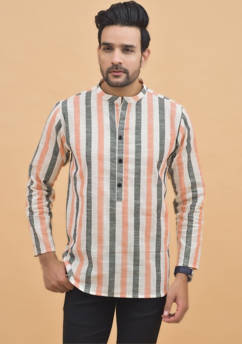 PEACH GRAY STRIPE COTTON HANDLOOM CORD SET-25002