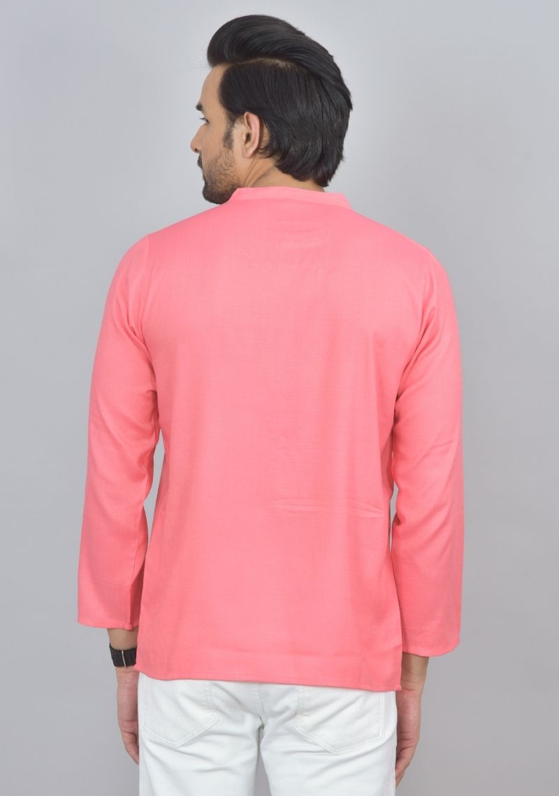 Combo of 2 Men Cotton Self Design Short Kurta Peach and Blue