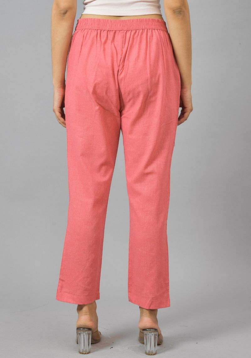 Peach Solid Cotton Flax Trouser Pants