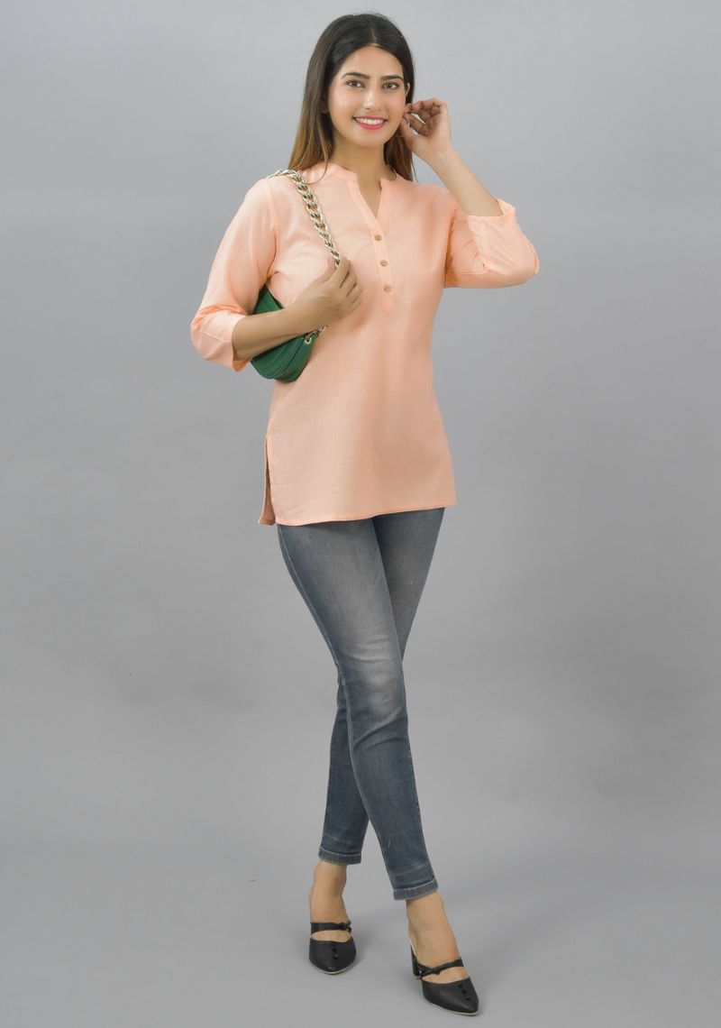 Peach Solid Cotton Flax Women Top-10625