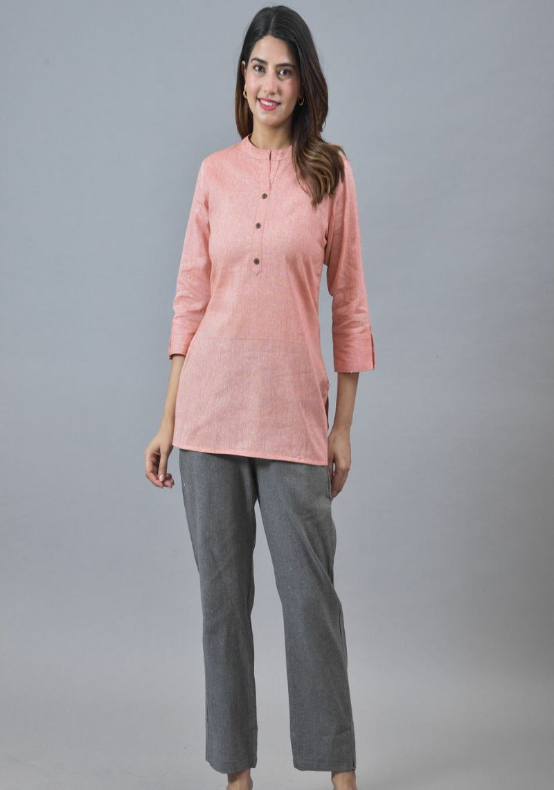 Peach Solid Cotton Stripe Women Top-10286