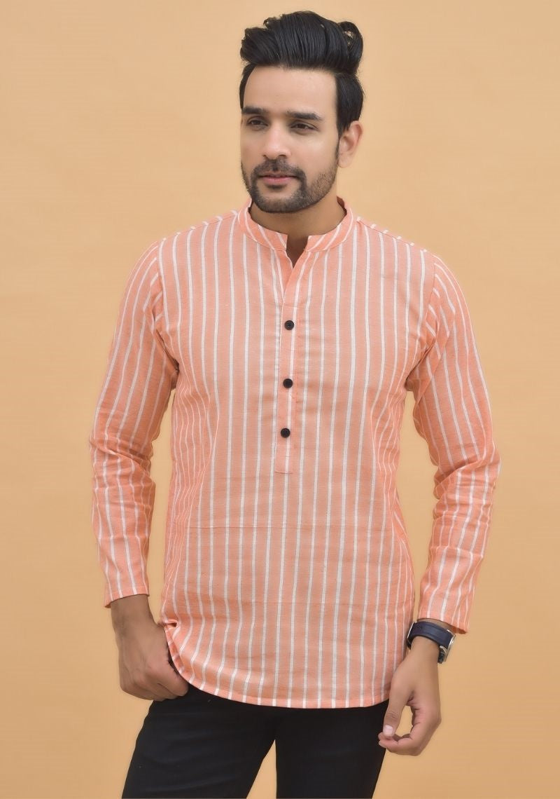 PEACH WHITE STRIPE COTTON HANDLOOM CORD SET-25003