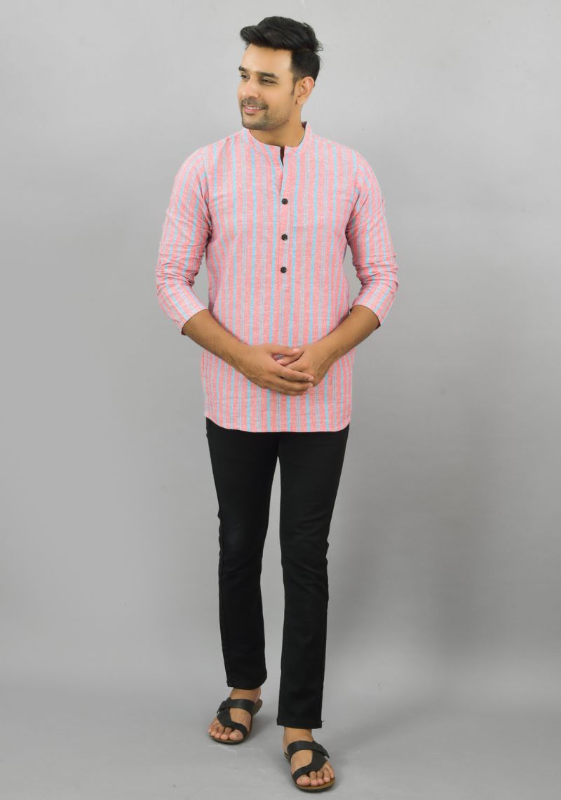 PINK CYAN STRIPE COTTON HANDLOOM CORD SET-25688