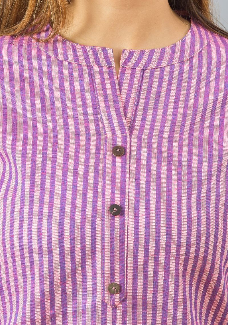 Pink Purple Cotton Stripe Women Top-10376