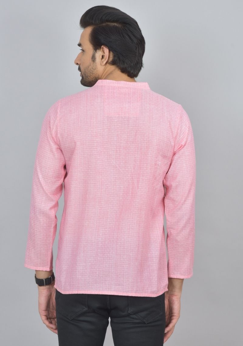 Combo of 2 Men Cotton Self Design Short Kurta Pink and Green