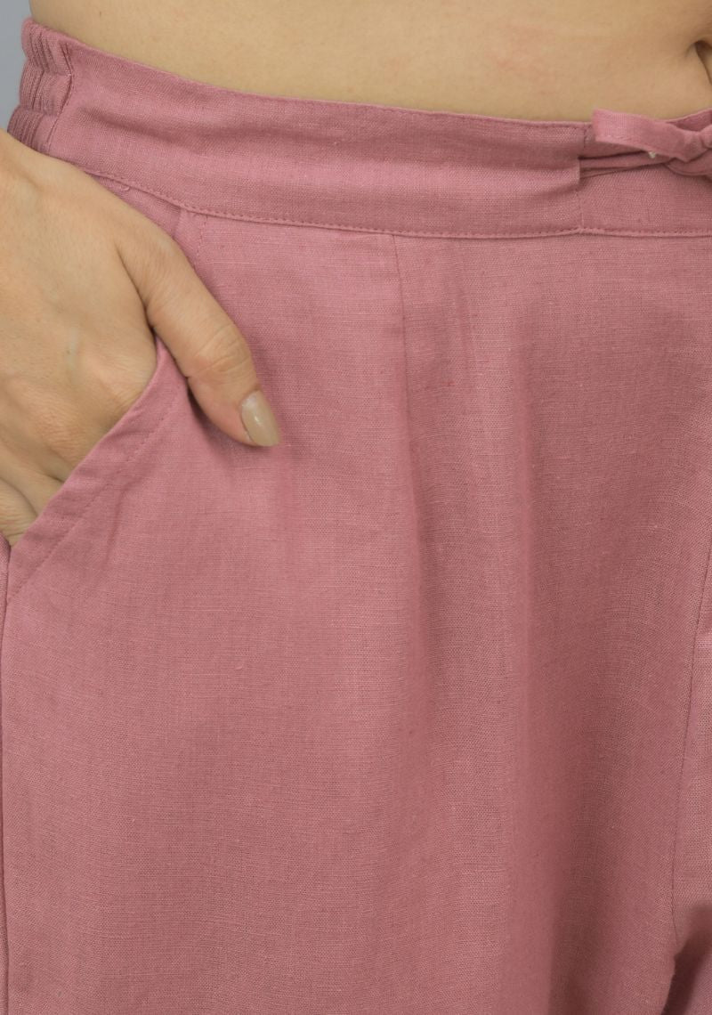 Pink Solid Cotton Flax Trouser Pant