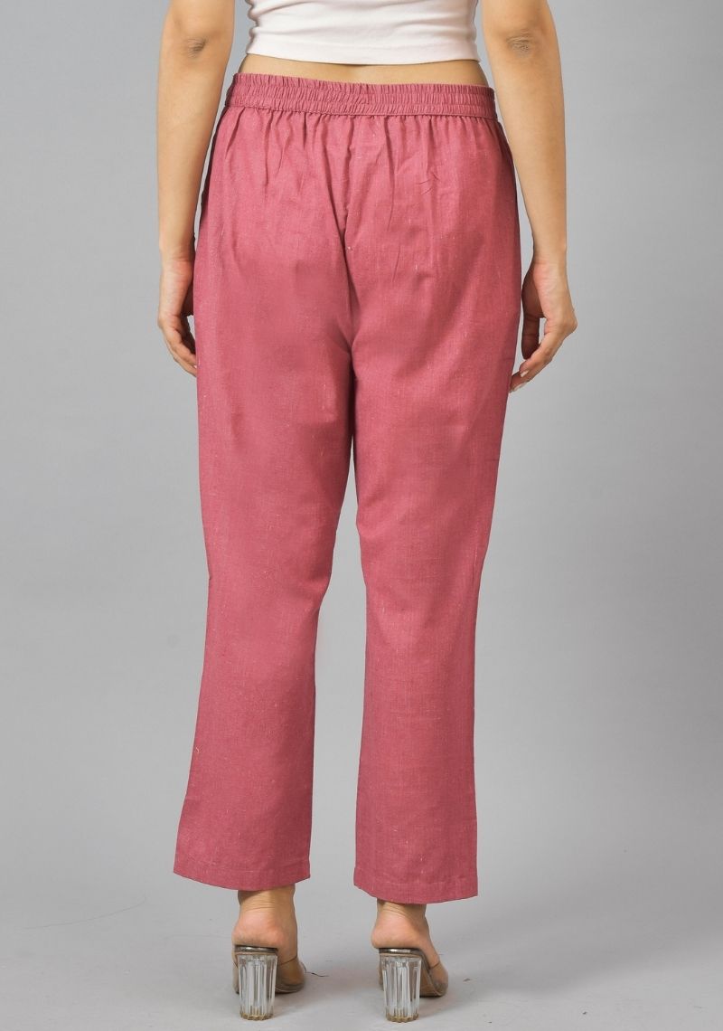 Pink Solid Cotton Flax Trouser Pants