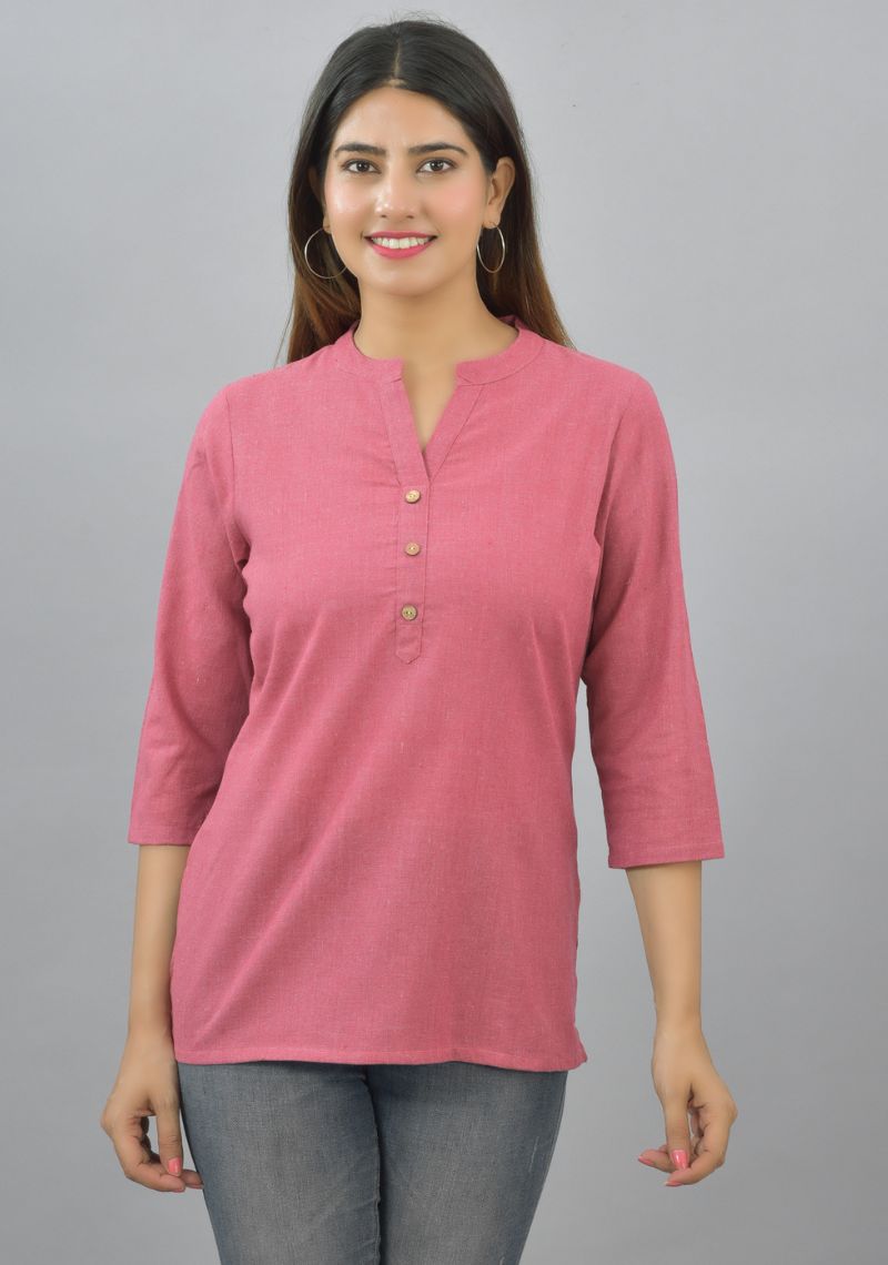 Pink Solid Cotton Flax Women Top-10627