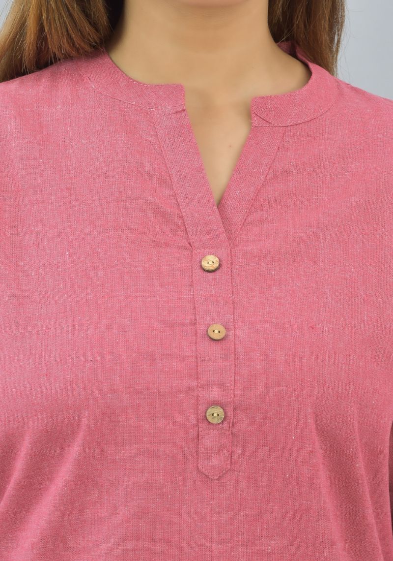 Pink Solid Cotton Flax Women Top-10627