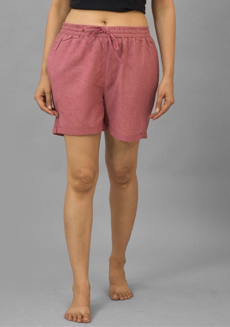 Pink Solid Cotton Shorts