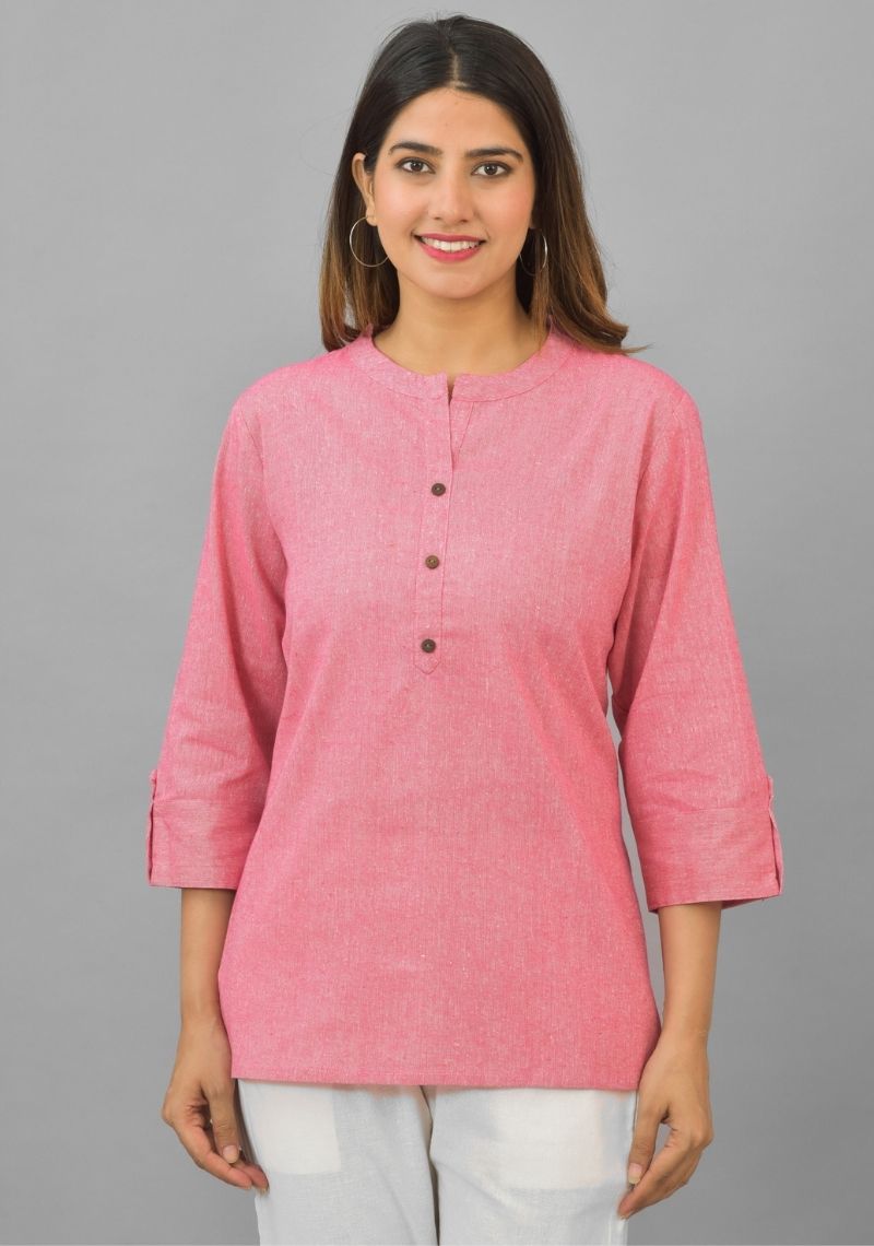 Pink Solid Cotton Women Top-10395