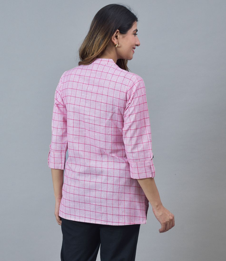 Pink White Cotton Checks Women Top-10287