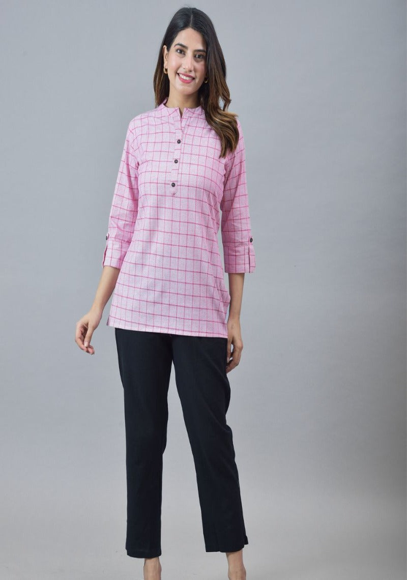 Pink White Cotton Checks Women Top-10287