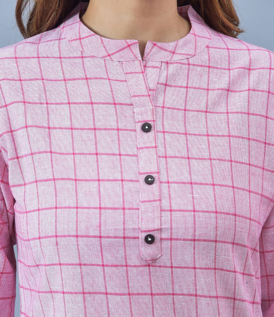 Pink White Cotton Checks Women Top-10287
