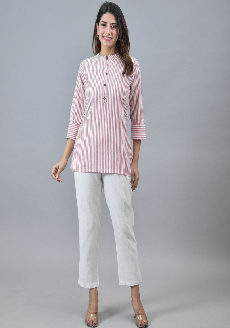 Pink White Cotton Stripe Women Top-10280