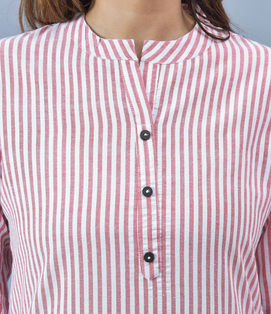 Pink White Cotton Stripe Women Top-10280