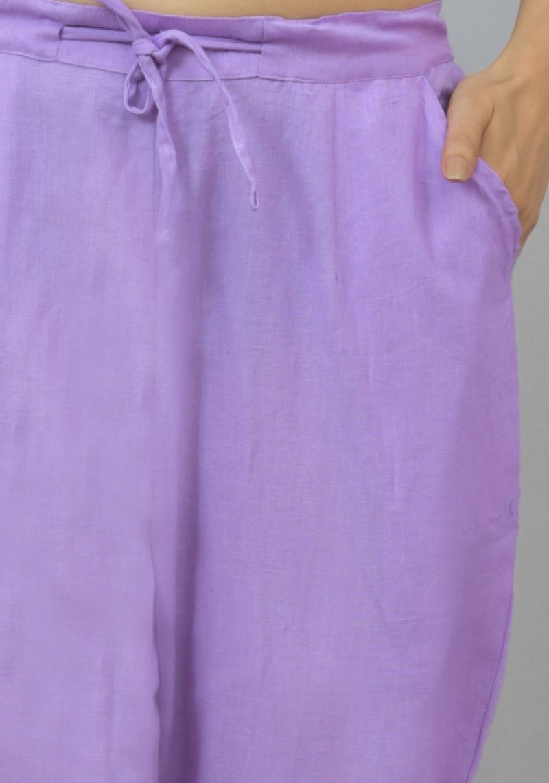 Purple Solid Cotton Flax Trouser Pants