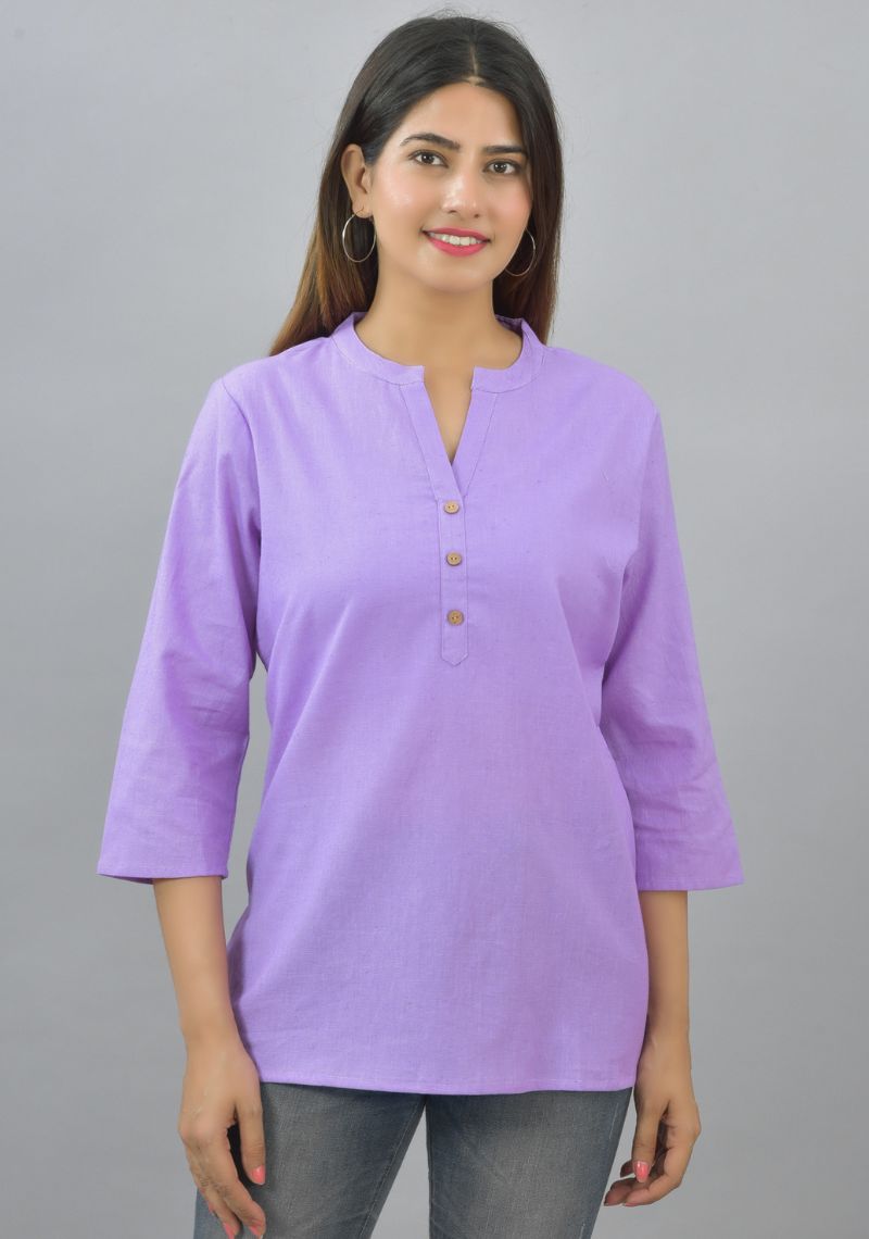 Purple Solid Cotton Flax Women Top-10626