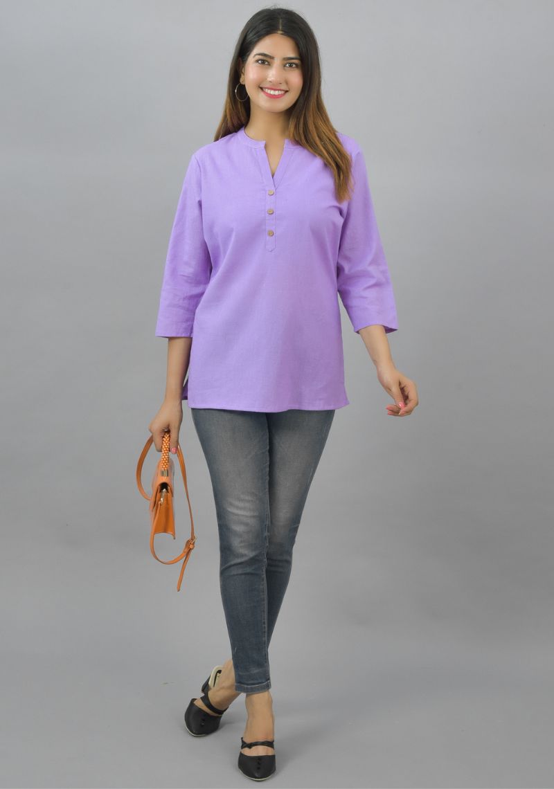 Purple Solid Cotton Flax Women Top-10626