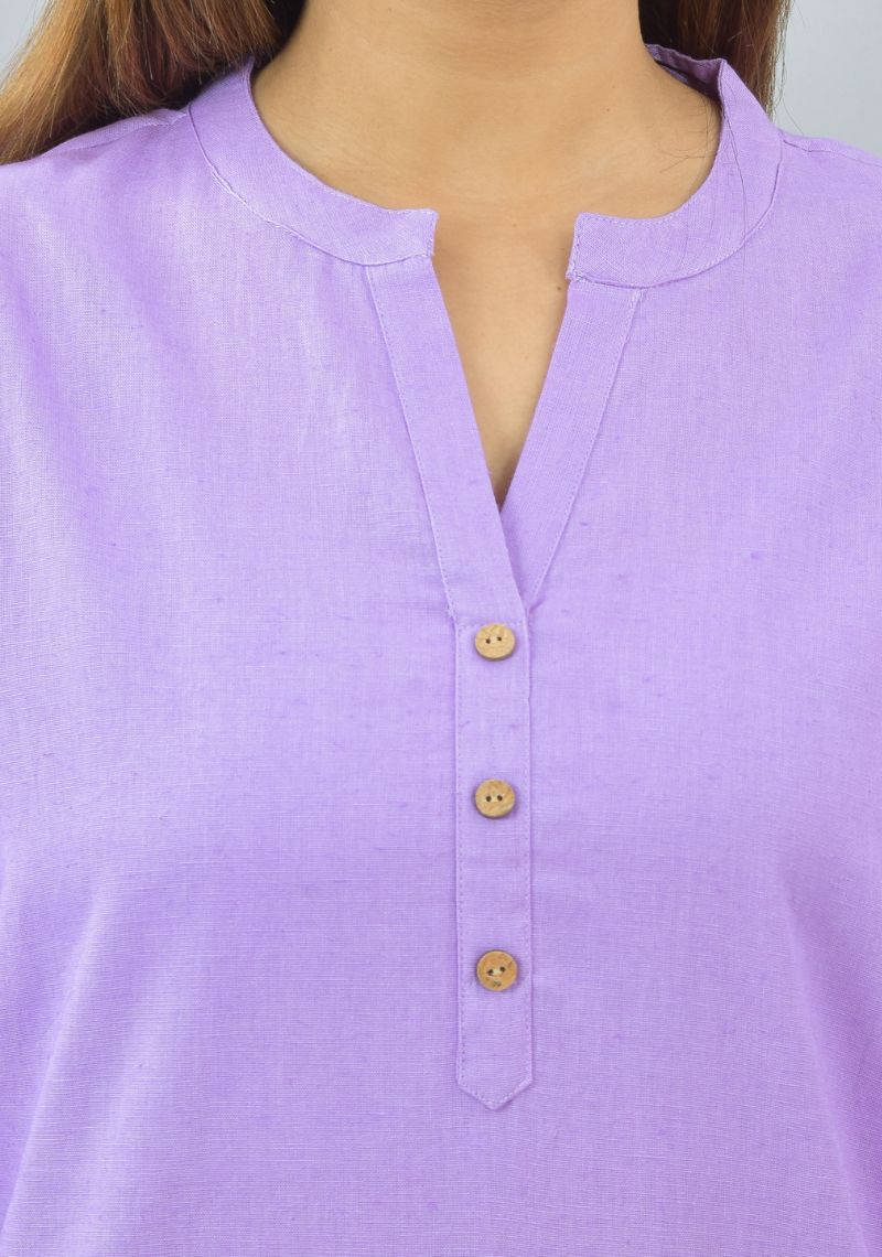 Purple Solid Cotton Flax Women Top-10626