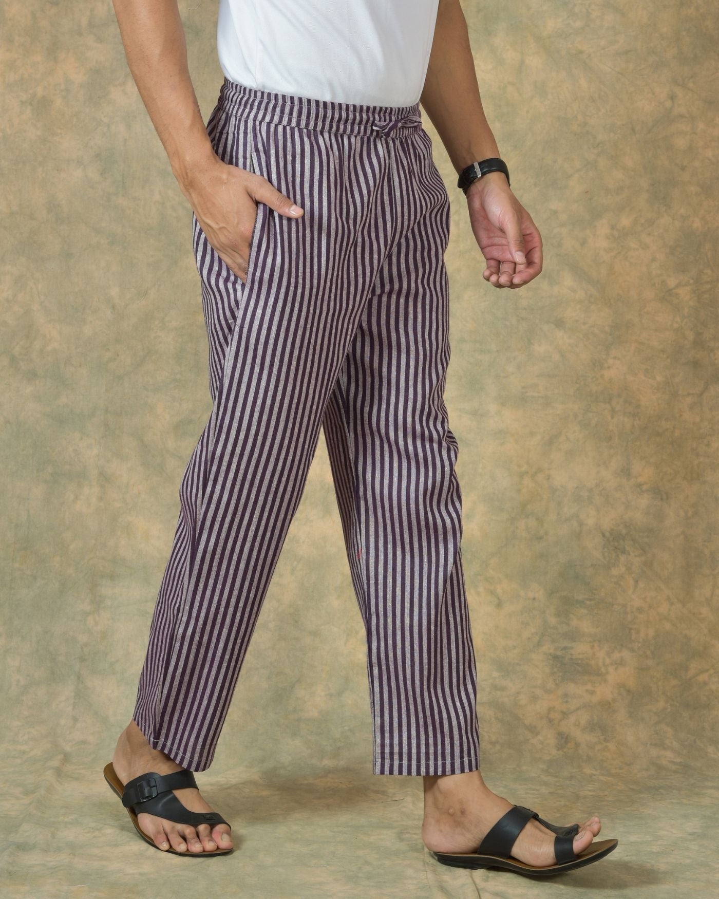 Purple White Stripe Cotton Handloom Men Pant