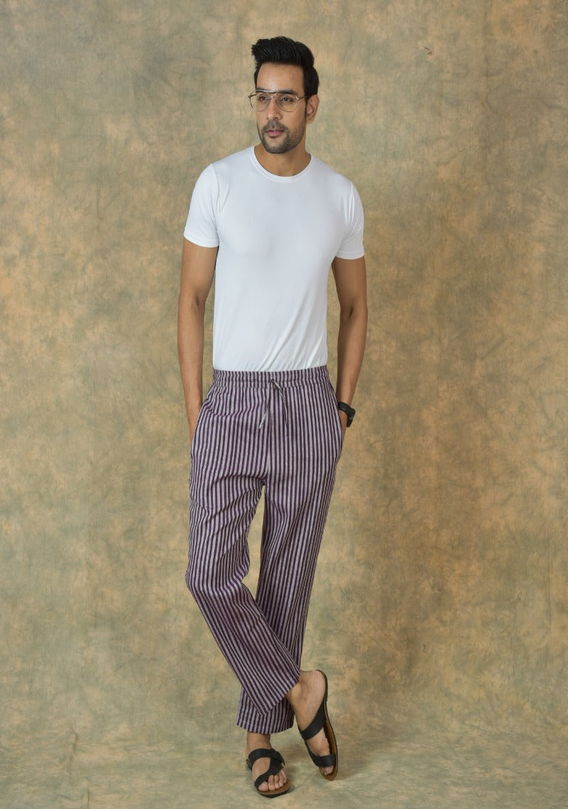 Purple White Stripe Cotton Handloom Men Pant