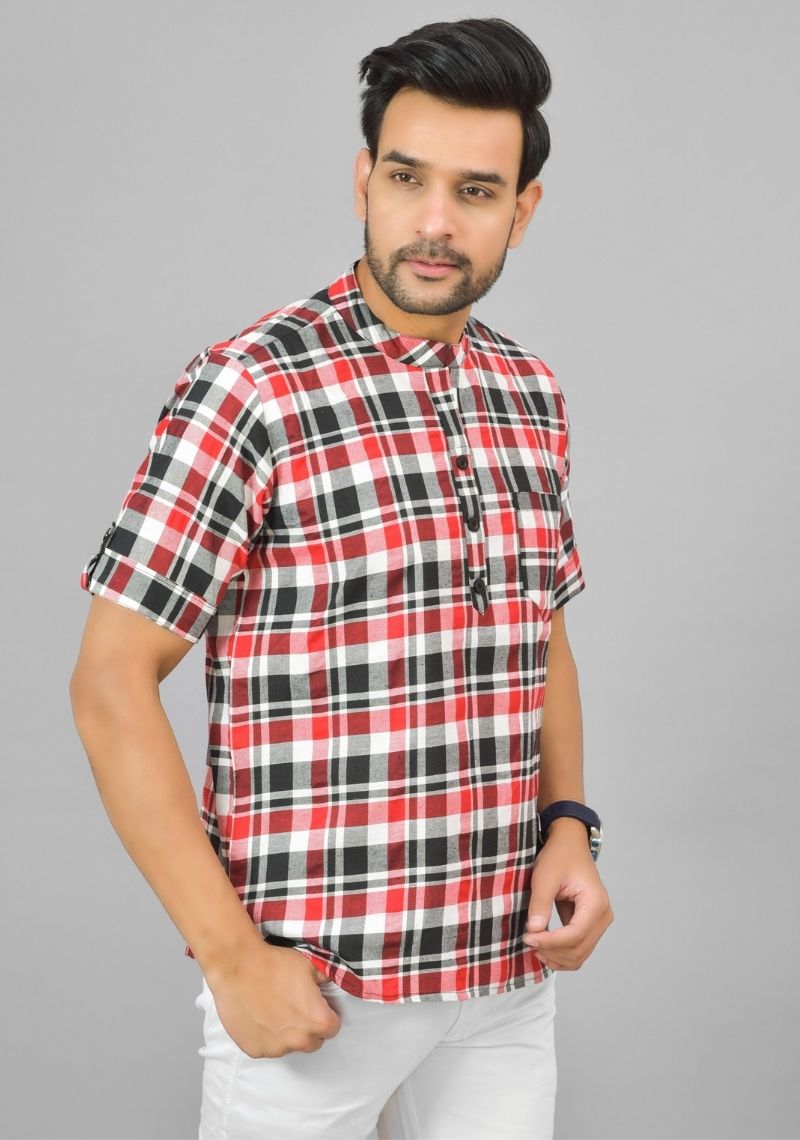 RED BLACK AND WHITE CHECKS COTTON HANDLOOM CORD SET-25297