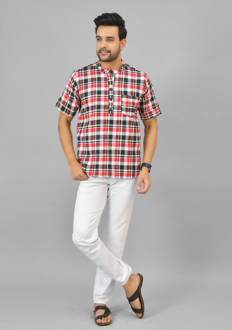 RED BLACK AND WHITE CHECKS COTTON HANDLOOM CORD SET-25297