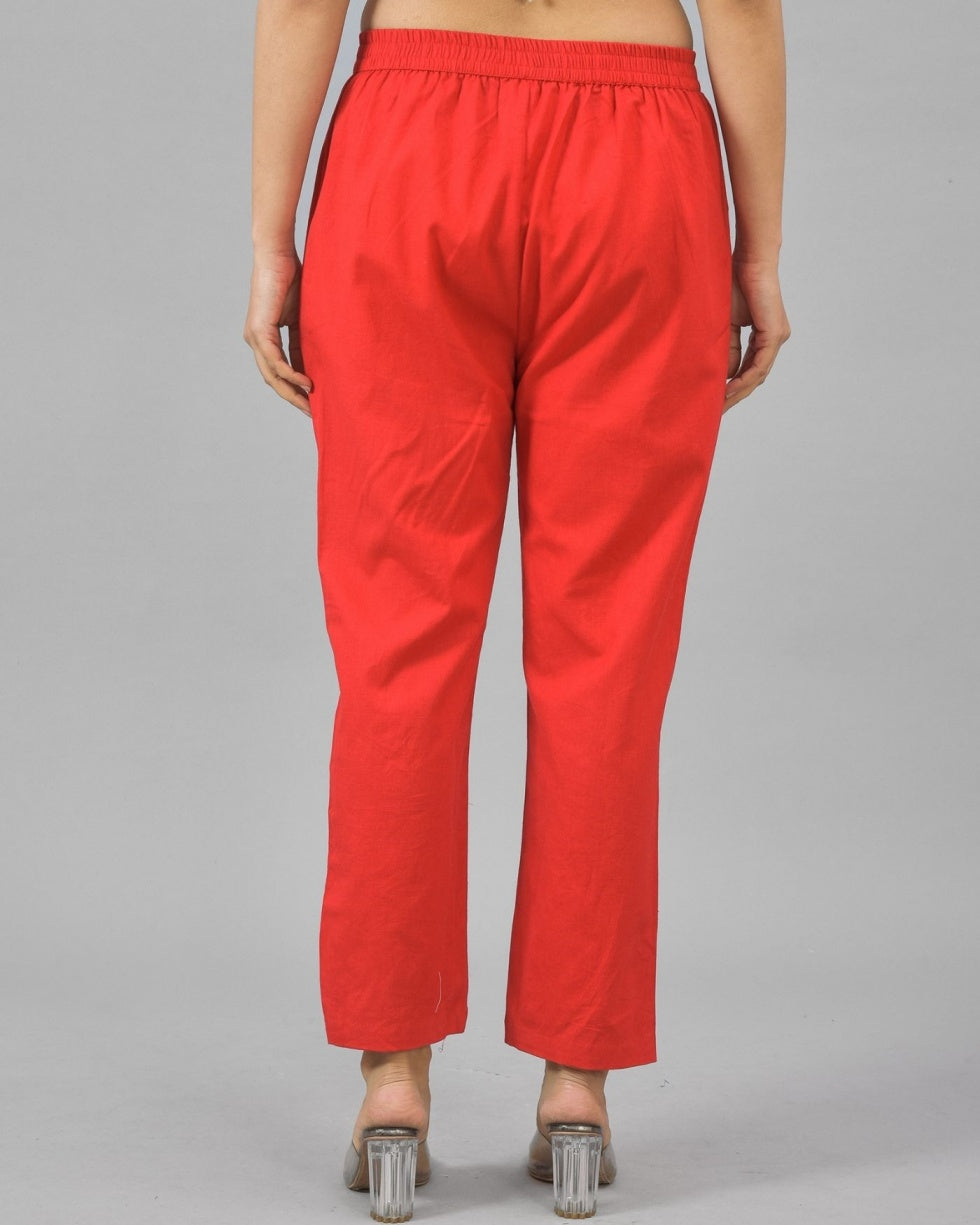 Red Solid Cotton Flax Women Trouser