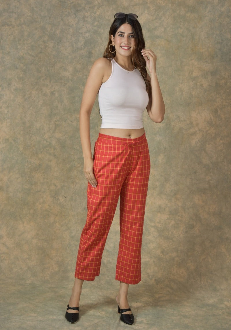 Red Yellow Cotton Checks Regular Pant