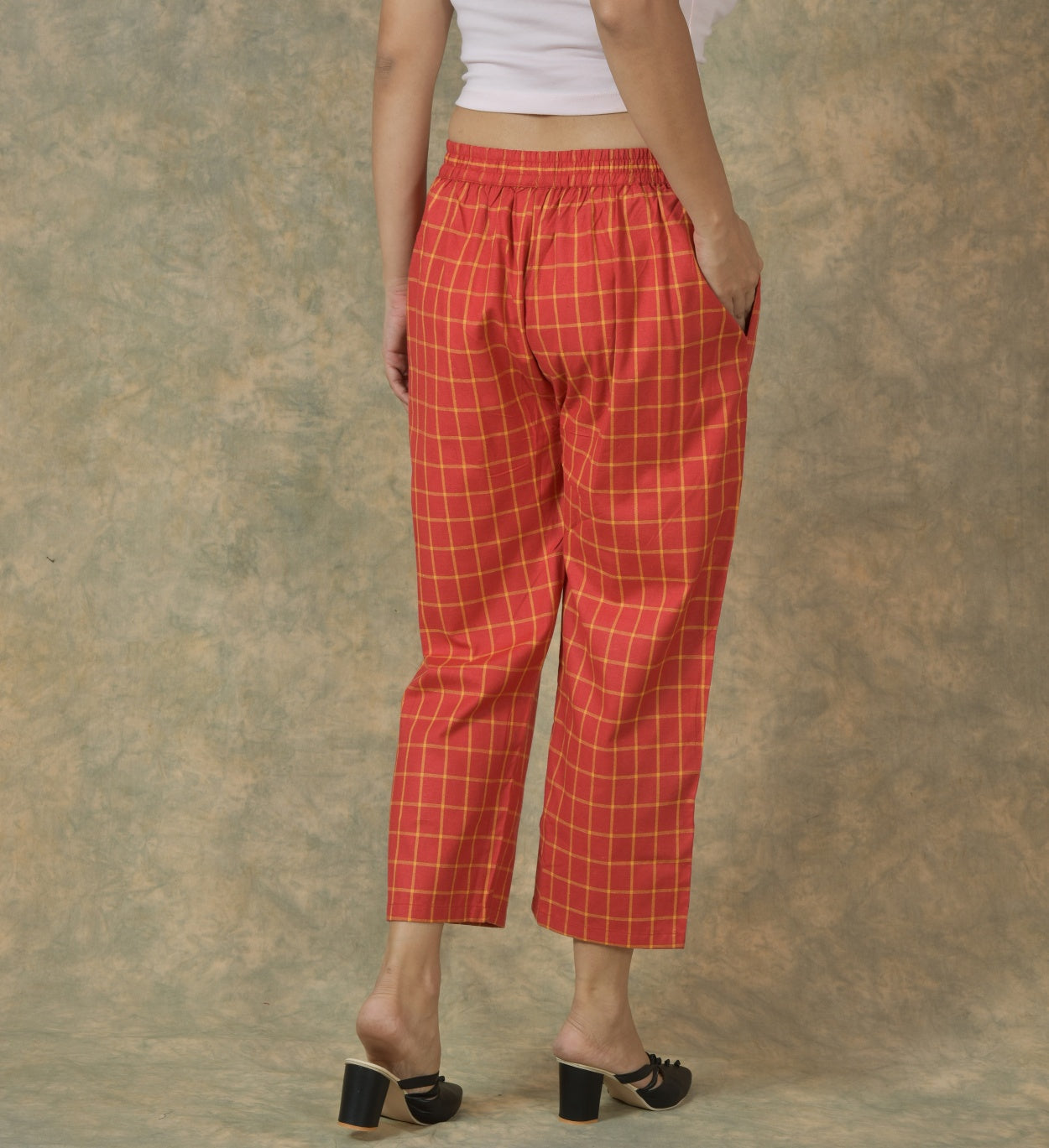 Red Yellow Cotton Checks Regular Pant