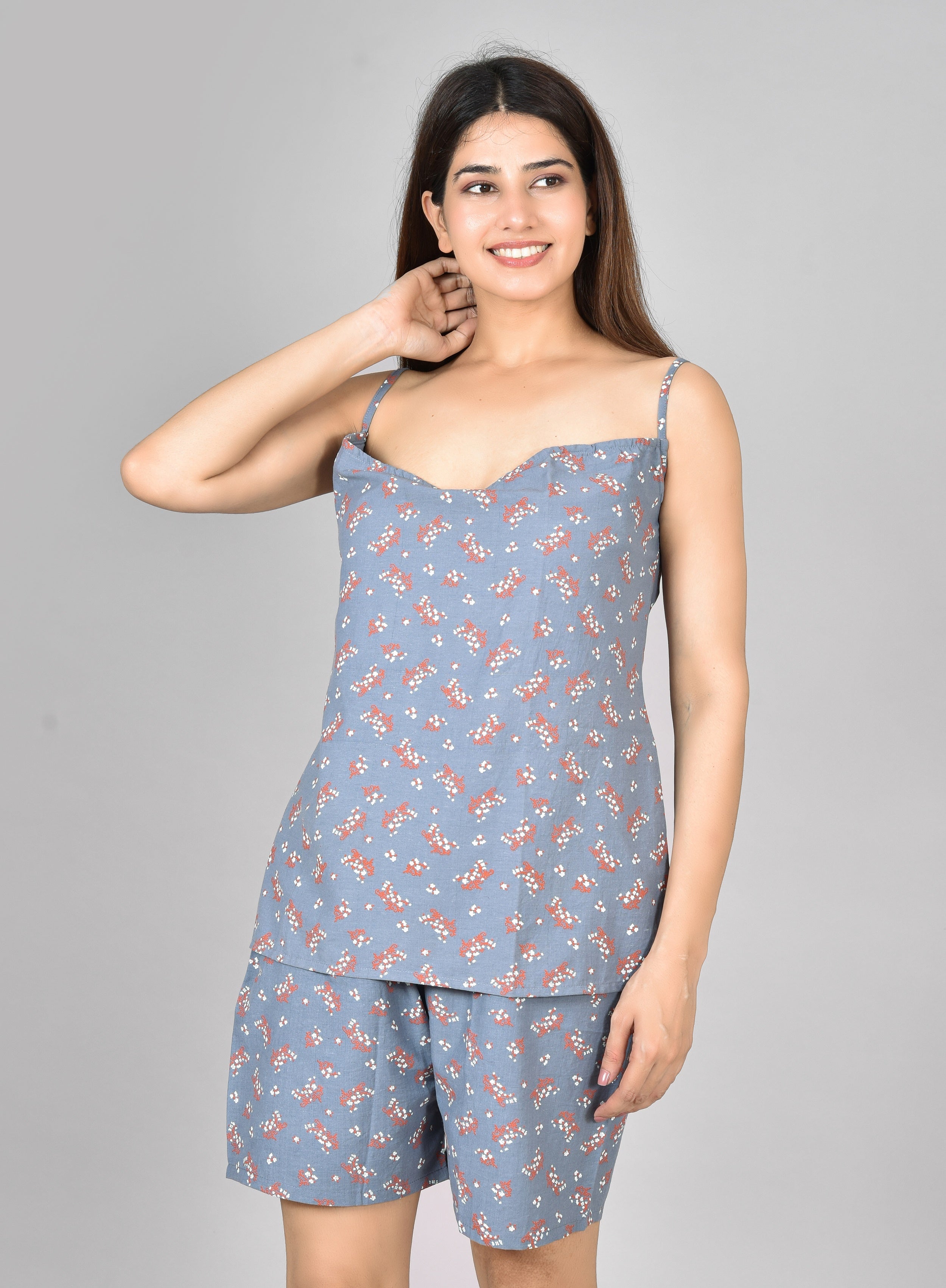 Womens Grey Printed Tops And Short cord set