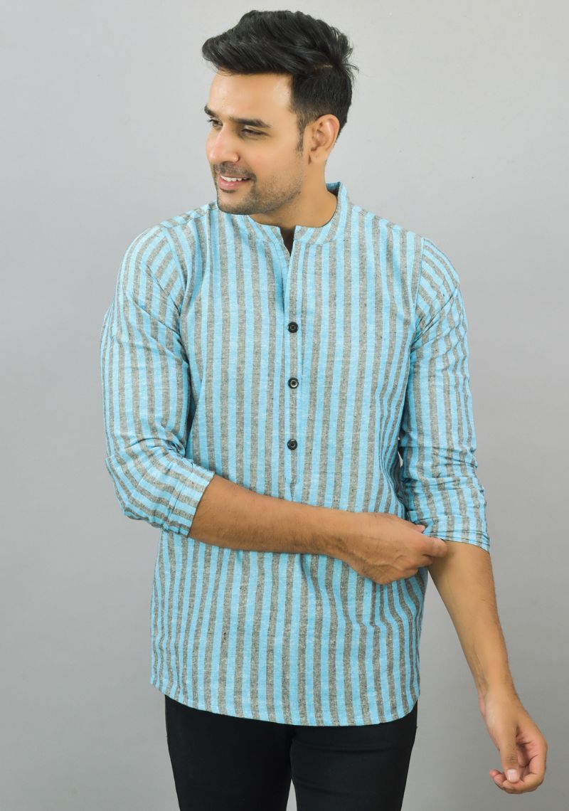 SKY BLUE BLACK STRIPE COTTON HANDLOOM CORD SET-25692