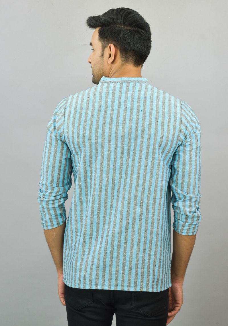 SKY BLUE BLACK STRIPE COTTON HANDLOOM CORD SET-25692