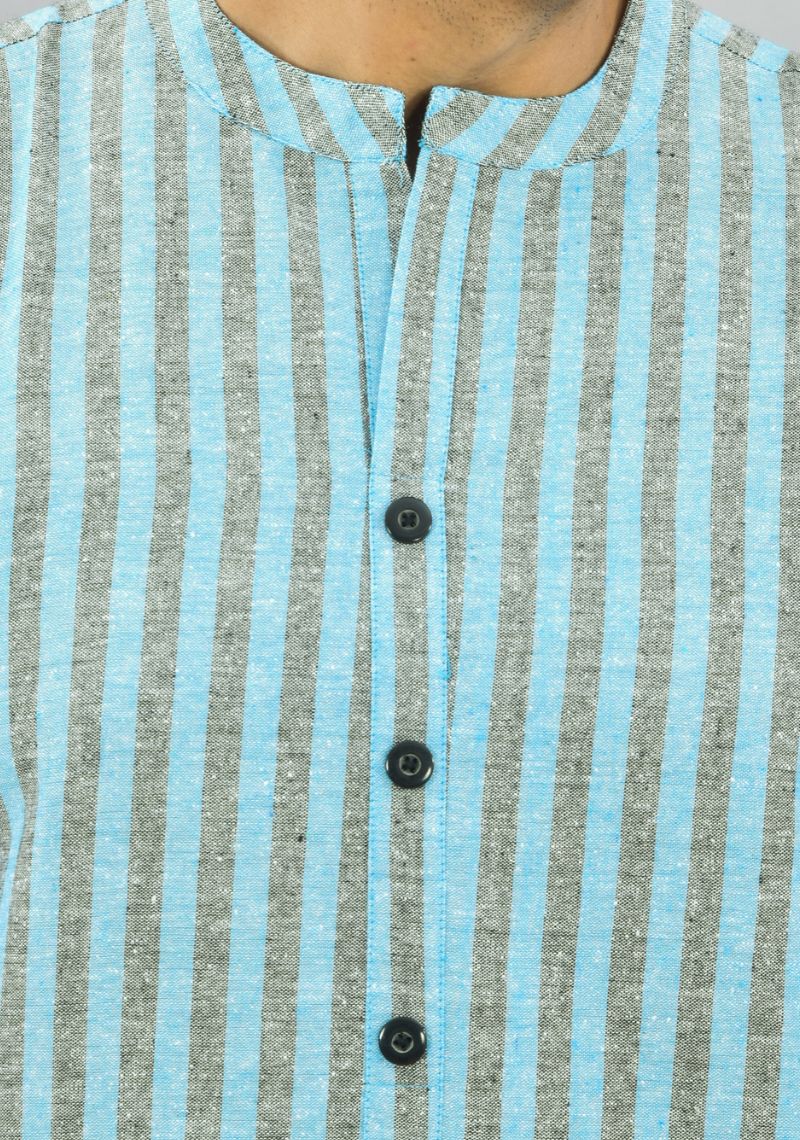 SKY BLUE BLACK STRIPE COTTON HANDLOOM CORD SET-25692