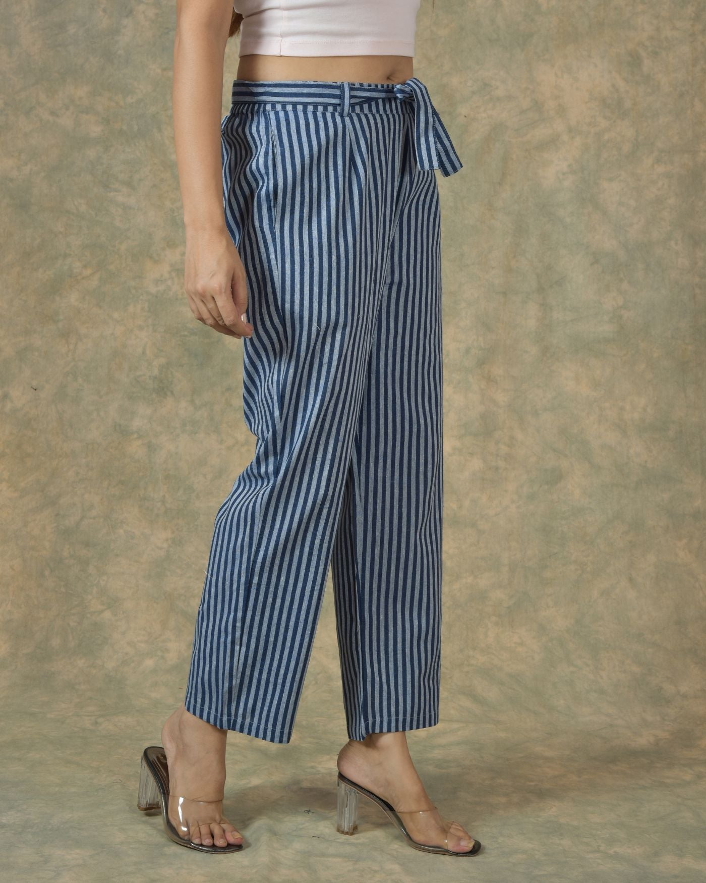 SKY BLUE BLUE COTTON STRIPE BELT PANT