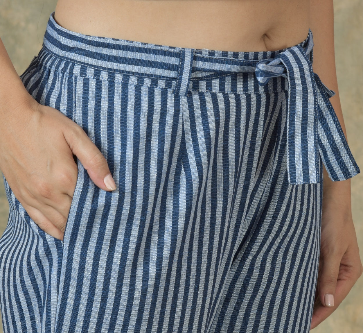 SKY BLUE BLUE COTTON STRIPE BELT PANT