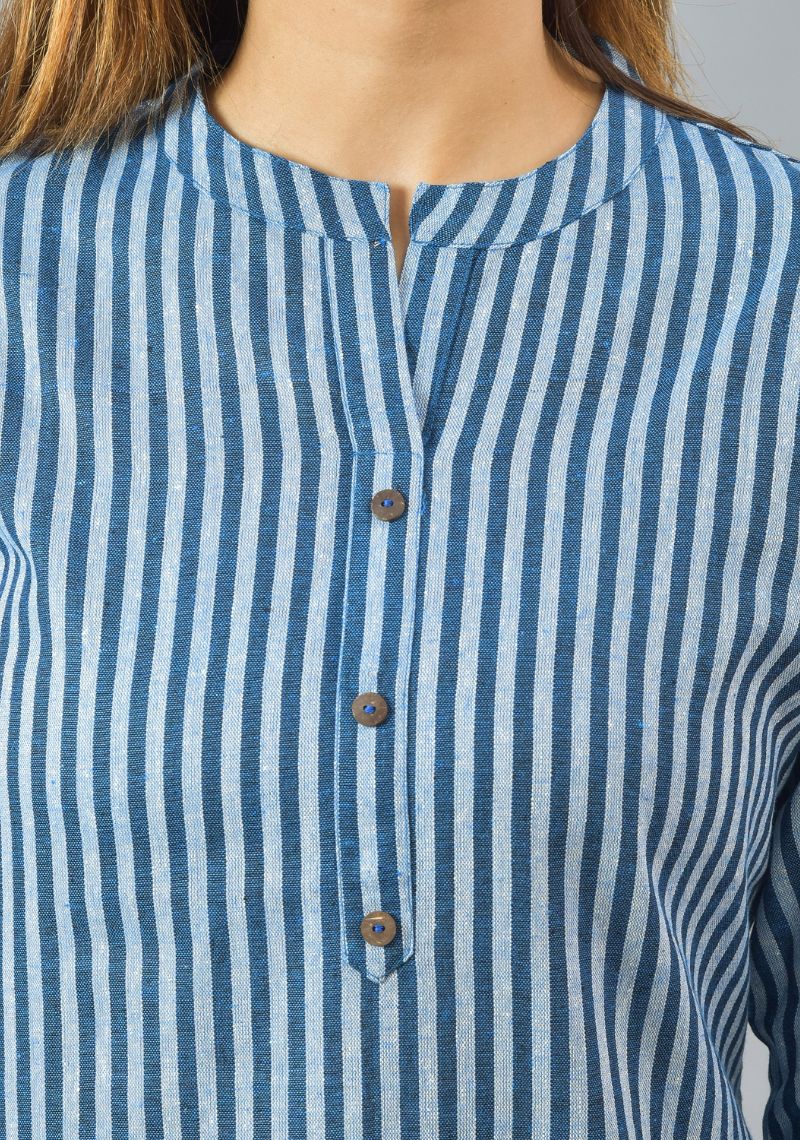 Sky Blue Navy Blue Cotton Stripe Women Top-10375
