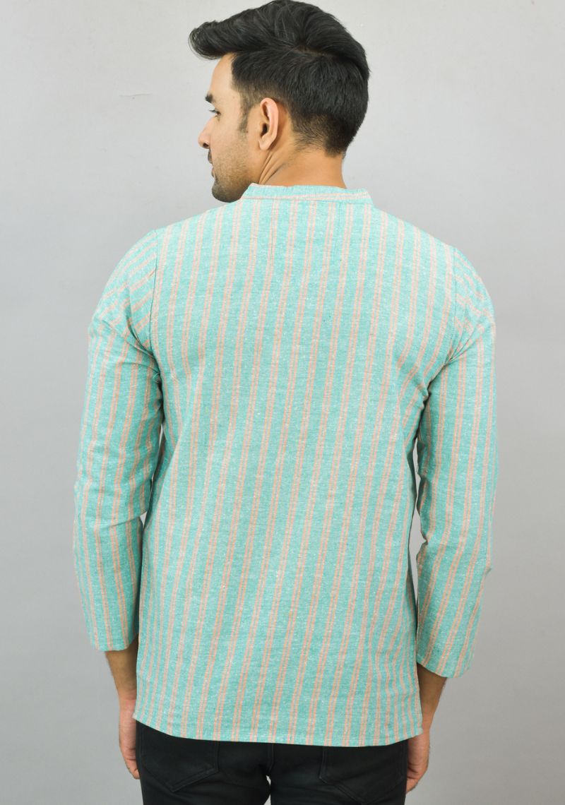 SKY BLUE PEACH STRIPE COTTON HANDLOOM CORD SET-25693