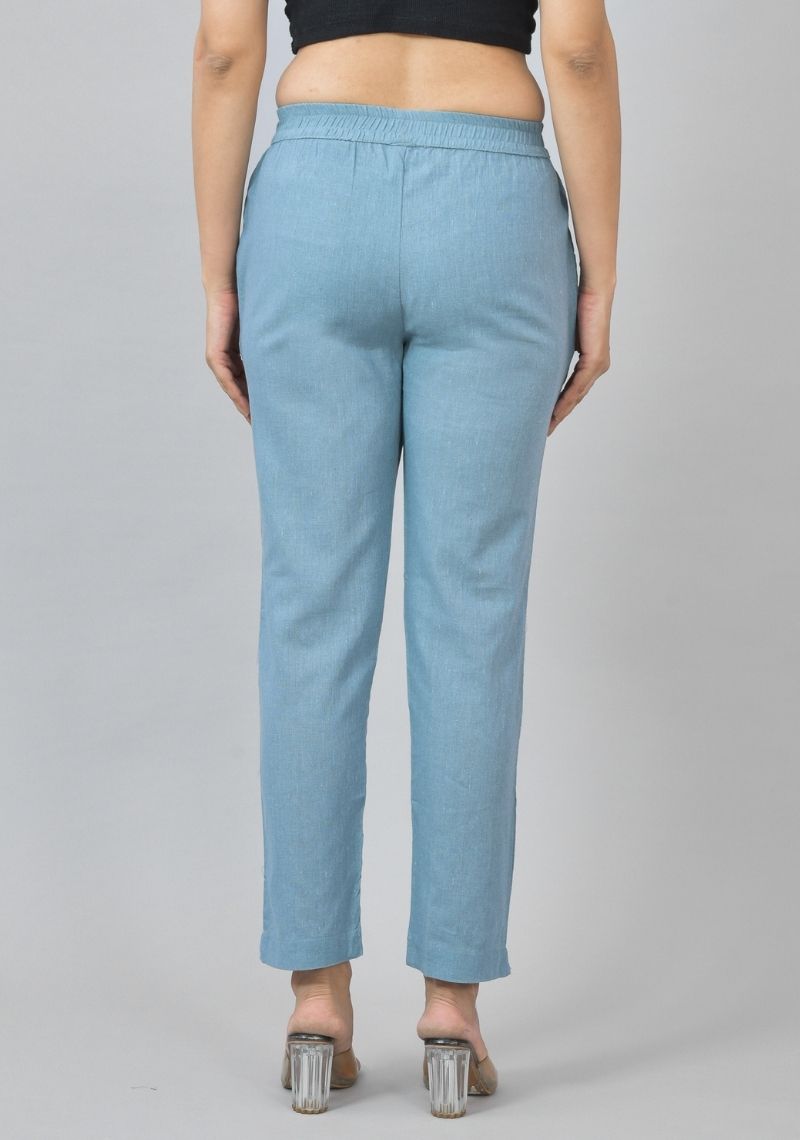 Sky Blue Solid Cotton Flax Trouser Pants