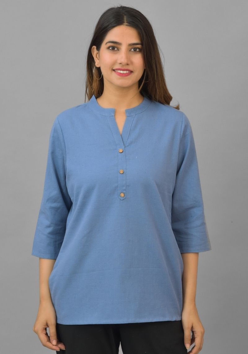 Sky Blue Solid Cotton Flax Women Top-10392
